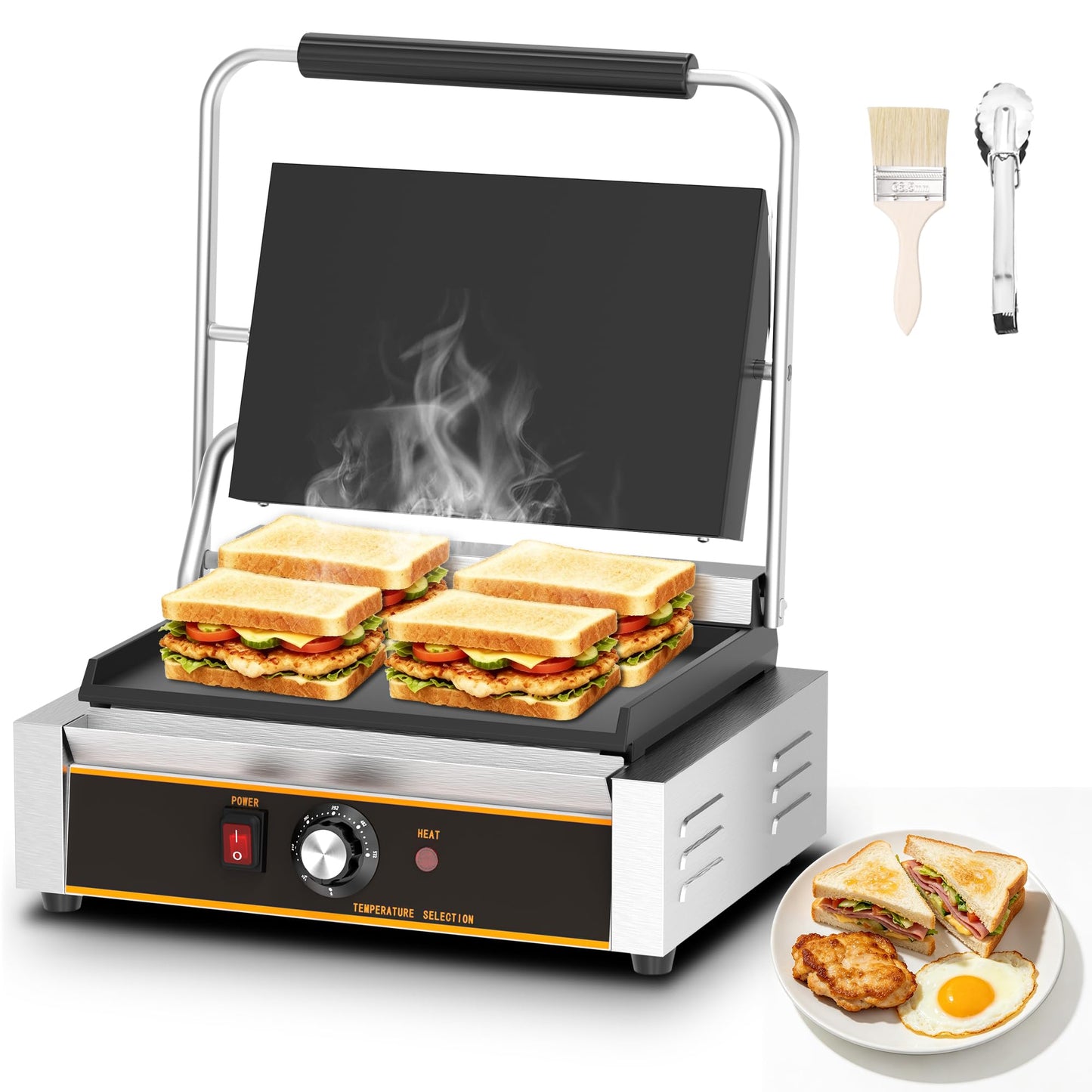 Popfoodex Commercial Panini Press - 2200W Electric Panini Sandwich Grill w/Nonstick Coating & Adjustable Temp, Stainless Steel, Panini Grill Press w/14"x9" Cooking Pan (Full Flat),Double-sided Heating