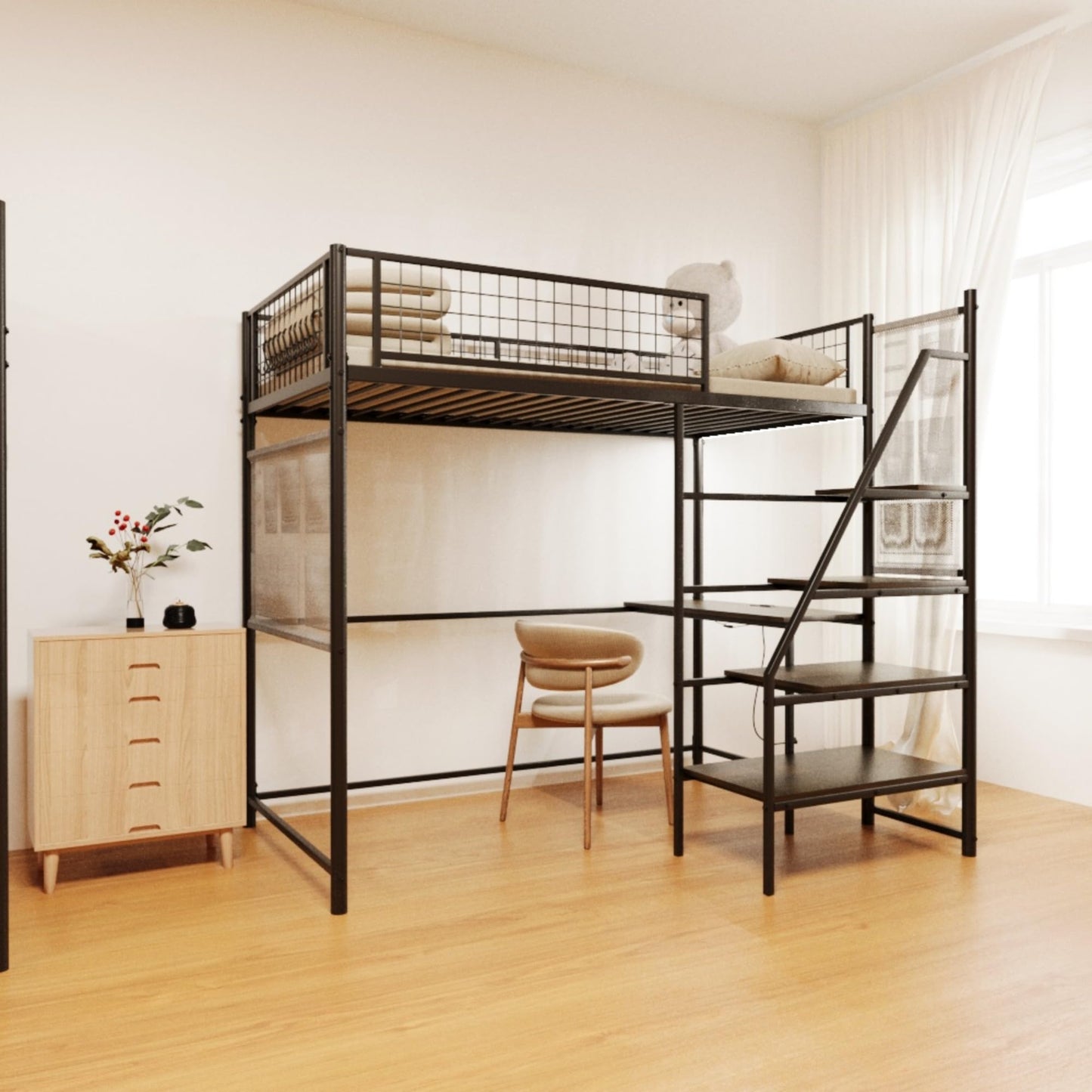 Zylena Twin Size Metal Loft Bed with Stairs, Black