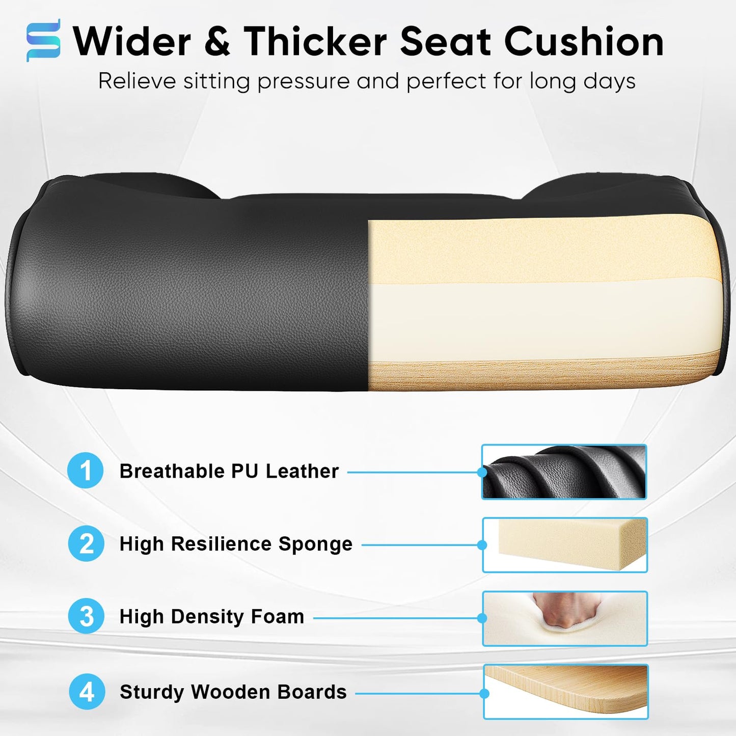 Sytas Ergonomic Office Chair with Adjustable Headrest, Executive Leather Desk Chair with Upgraded Lumbar Support for Lower Back Pain Relief, Thickened Backrest Computer Chair for Home Office, Black