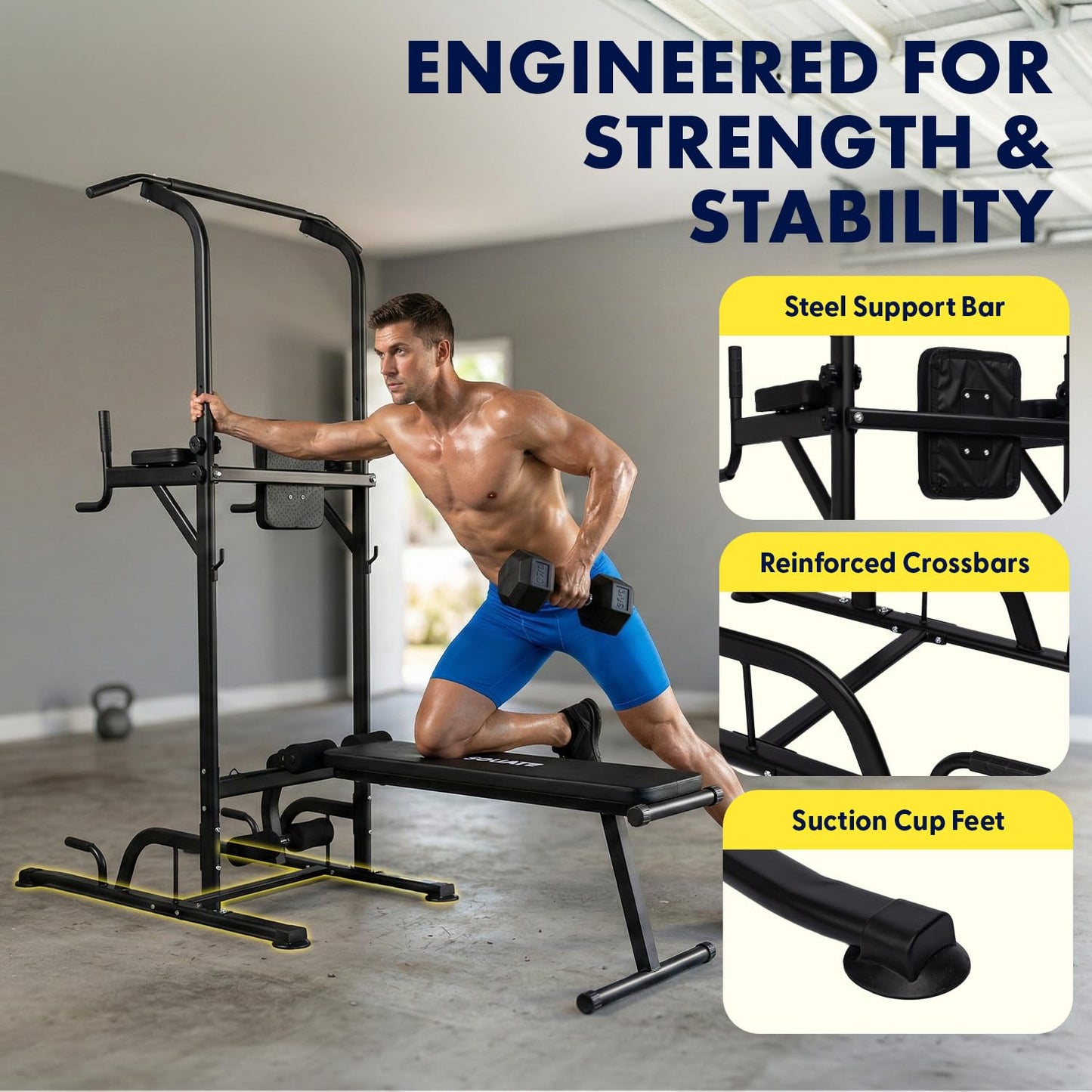 SQUATZ Pull-Up Dip Station - Your All-in-One Power Tower Gym and Chin-Up Bar Stand with Collapsible Bench for Home Exercise and Bench Press
