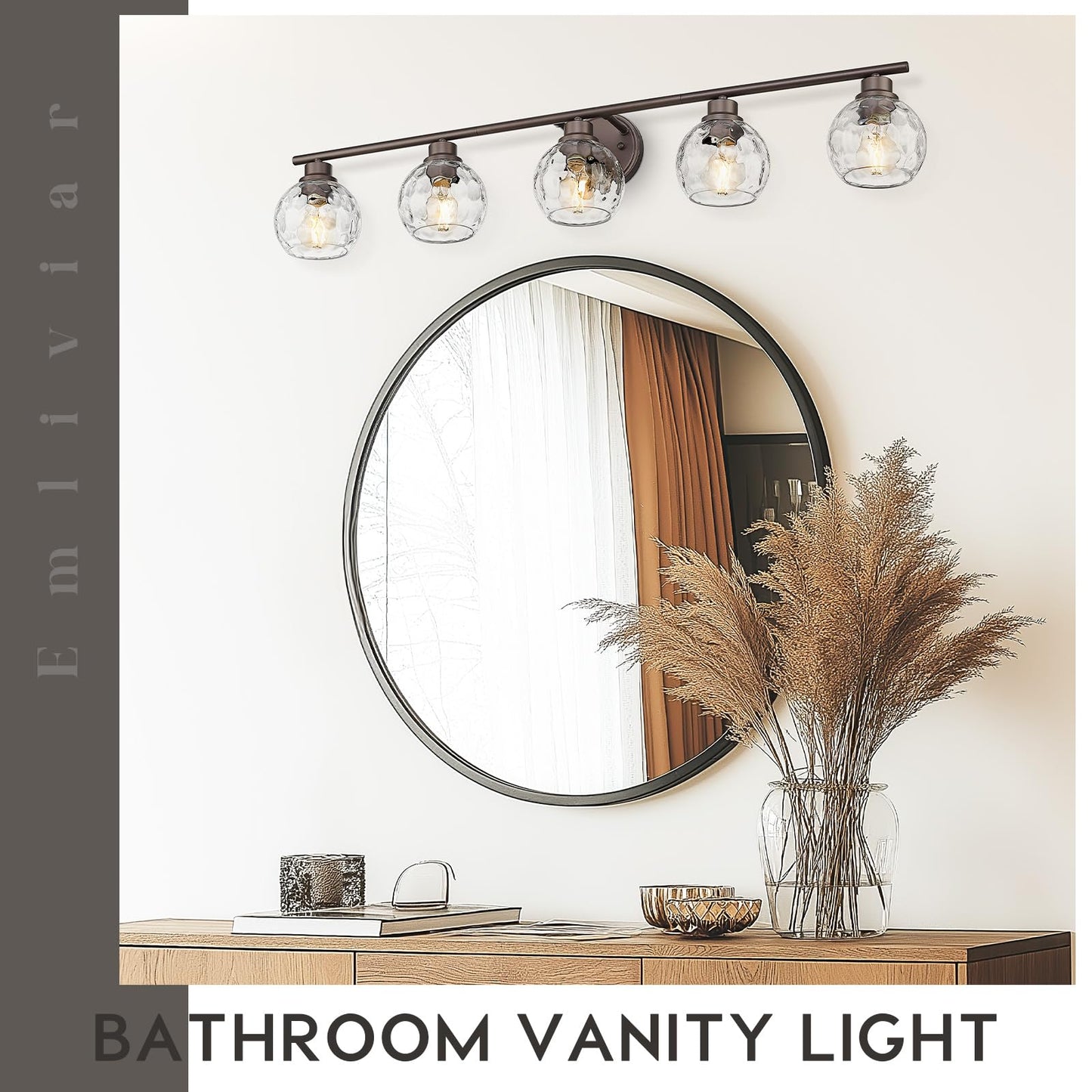 Emliviar 5-Light Rustic Vanity Wall Lighting, Water Ripple Glass, Oil Rubbed Bronze Finish, 41.7 Inch, Model YE295B