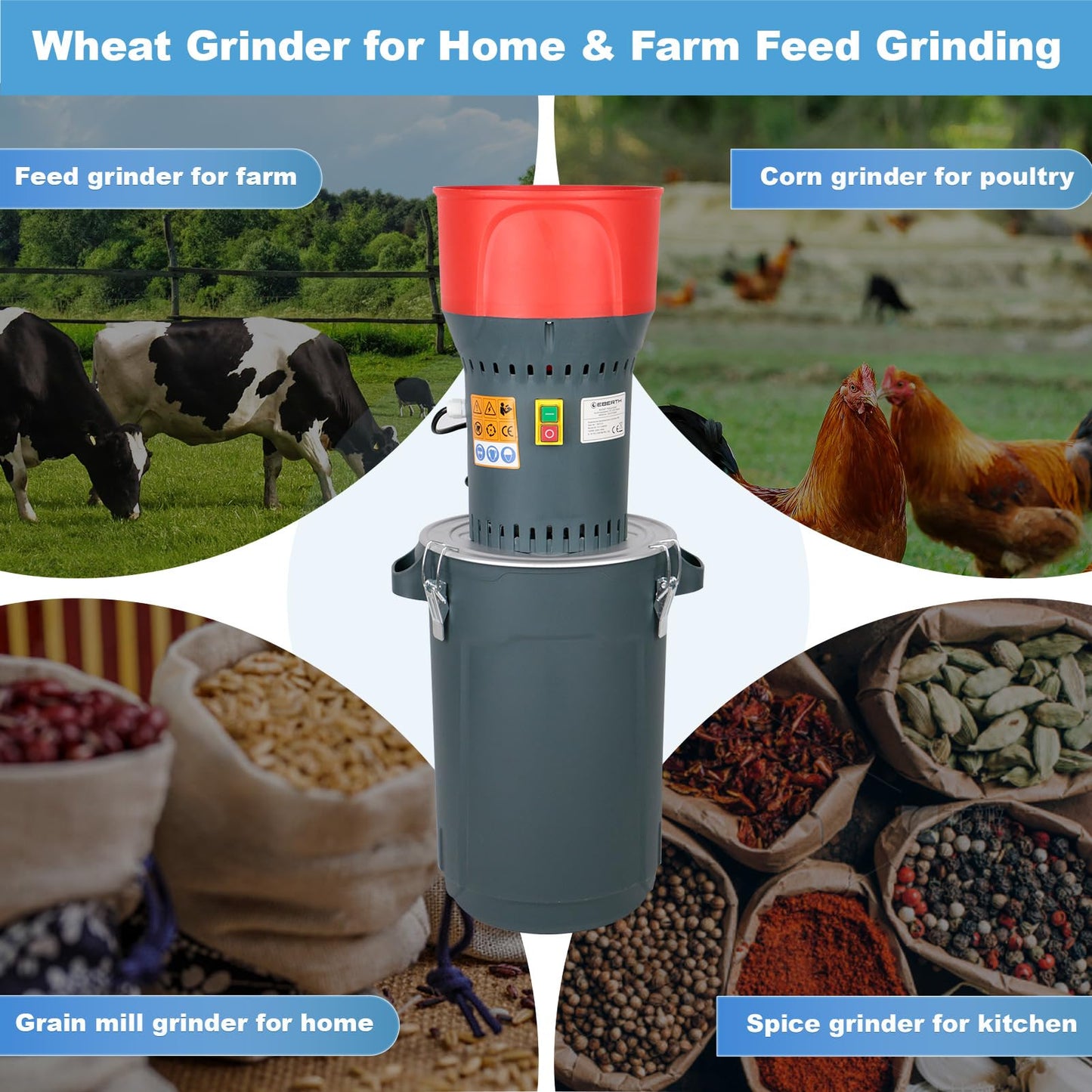 DETODDA 15.8 Gallon Electric Corn Grinder Mill for Chicken Feed, Grain Mill Grinder with 7 Screens, Heavy Duty Feed Grinder for Corn, Wheat, Rice, Soybeans, Livestock Feed, Farm & Homestead Use-Red
