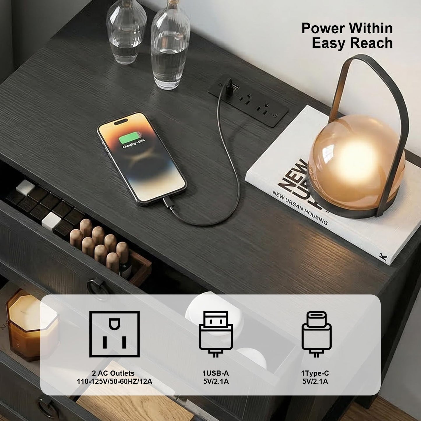 Chyanmoo Nightstand with Charging Station, 2-Drawer Wooden Side Table, Farmhouse Bedside Cabinet with USB Ports & AC Outlets, Solid Wood Grain End Table for Bedroom, Living Room, Office (2 pcs)