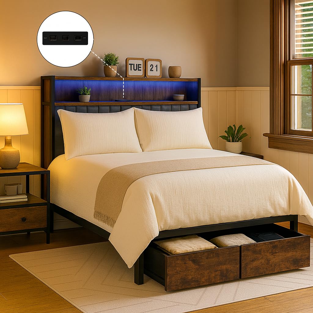 COMHOMA Queen Bed Frame with Headboard and Storage Drawers, Charging Station, Modern Platform Metal Frames with Wood Accents, No Box Spring Needed, Quiet and Sturdy Structure