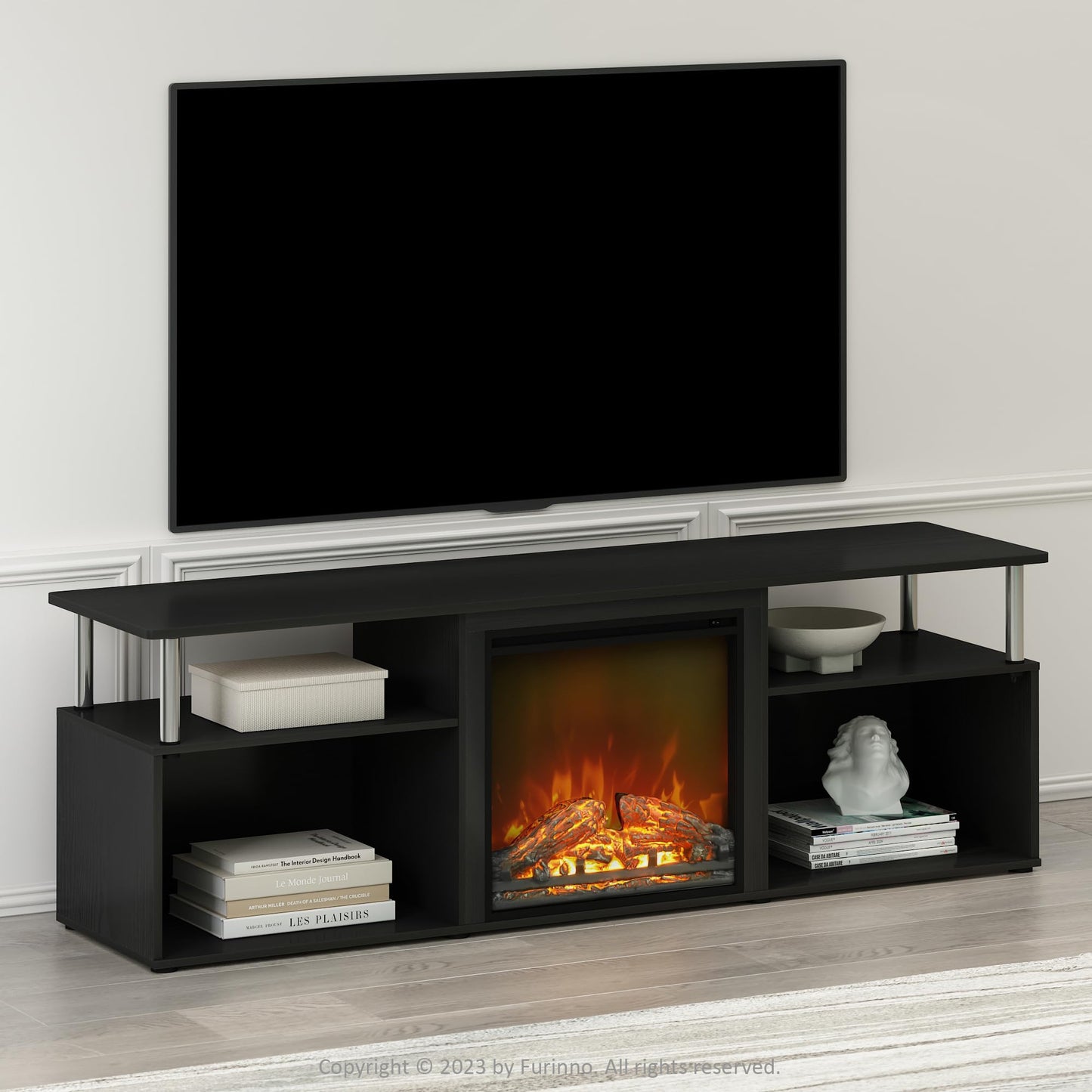 Furinno Jensen Fireplace TV Stand, NO Heat Decorative Electric Fireplace TV Stand for TV up to 70 Inch, with Open Storage, for Living Room, Americano/Stainless Steel