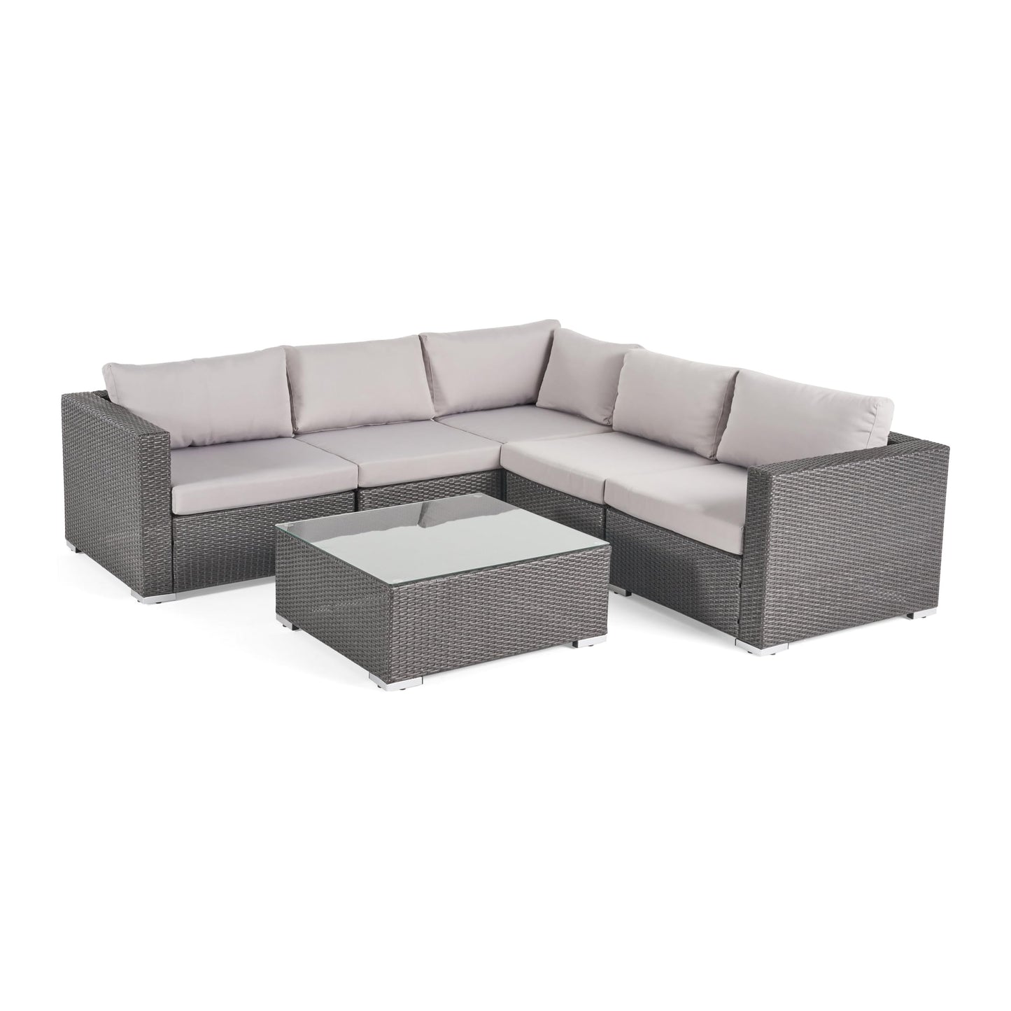 Christopher Knight Home Santa Rosa Outdoor Wicker 5 Seater Sectional Conversation Set with Aluminum Frame and Water Resistant Cushions, 92.25 "W x 99.75 "D x 24.25 "H, Gray + Light Gray + Silver