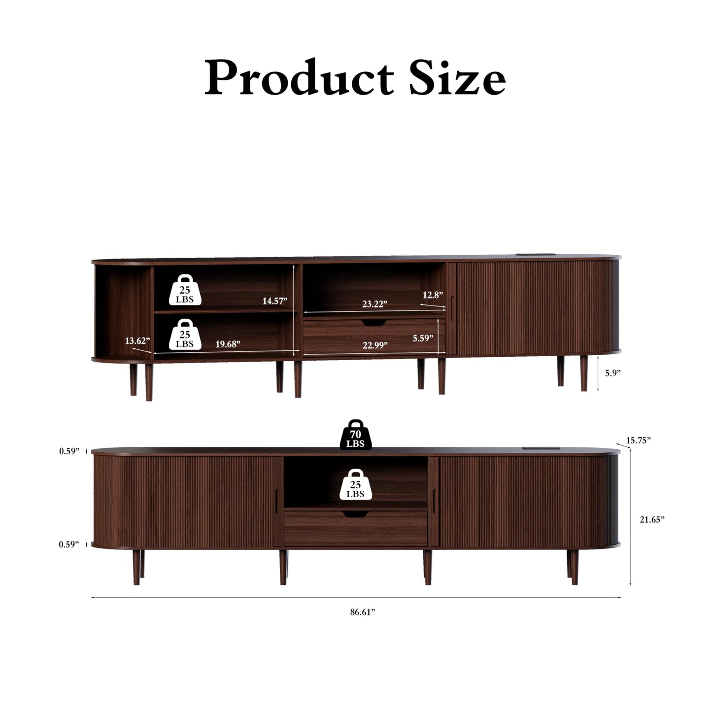 DHH 86.6" Fluted TV Stand with Power Outlet for TVs up to 90", TV Console with Adjustable Shelves and Sliding Door,Mid Century Modern Entertainment Center for Living Room,Bedroom (Walnut)