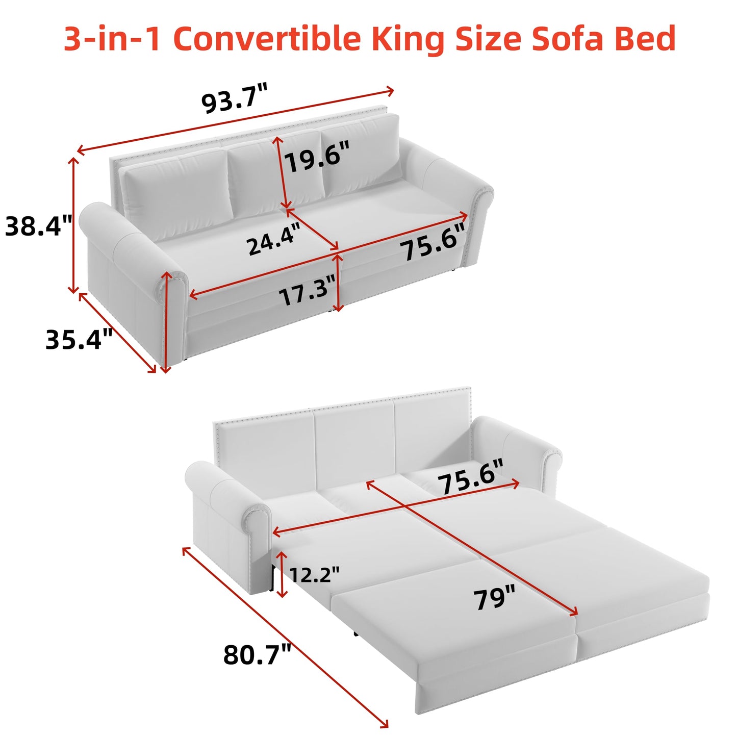Ball & Cast 3-in-1 Convertible Sofa Bed,93.7" Velvet Pull Out Couch Bed King Size, Loveseat Sleeper Sofa with Nailhead Trim & Rolled Arm,Multi-Functional Sofa Couches for Living Room,Green