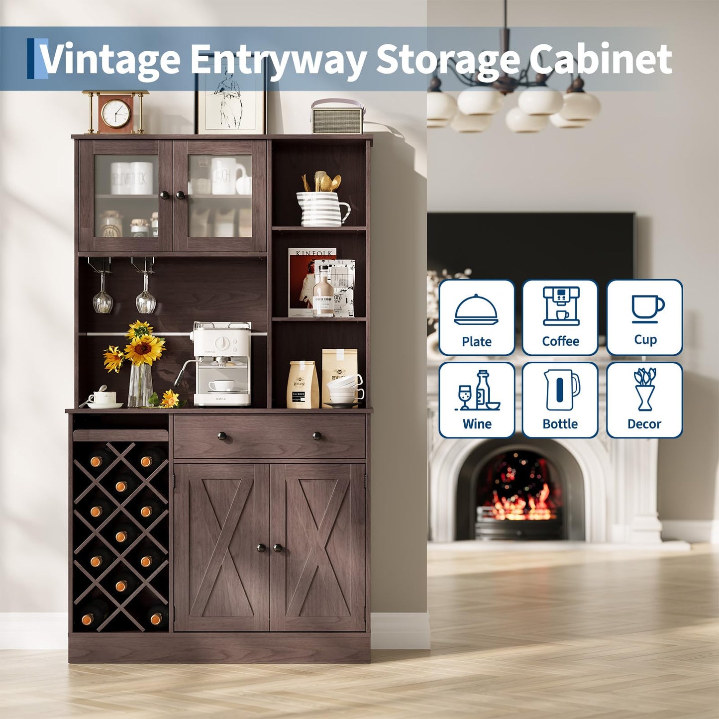 Hetoy 72" Tall Kitchen Pantry Cabinet with Power Outlet – Barn Doors, Wine Bottle Rack & Ample Storage – Modern Sideboard Buffet for Dining Room, Kitchen, or Home Bar