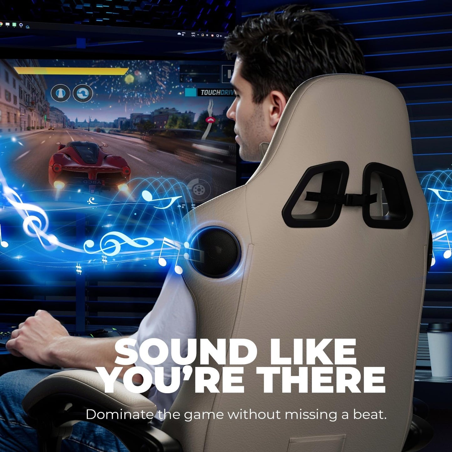 GTPLAYER Gaming Chair with Speakers ACE-PRO, Computer Video Game Chairs with Footrest for Adults, Built-in Speakers, App Support & Bluetooth Control, Ergonomic Reclining Silla, Linkage Armrest, Ivory