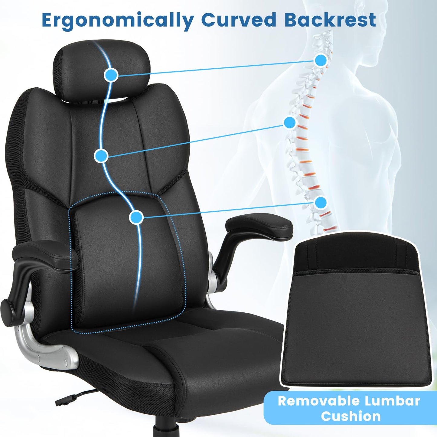 Giantex Executive Office Chair, Kneading Massage Computer Chair with Removable Lumbar Support Pillow, Adjustable Headrest, Faux Leather Rolling Desk Chair with Flip-up Armrests for Home Office, Black