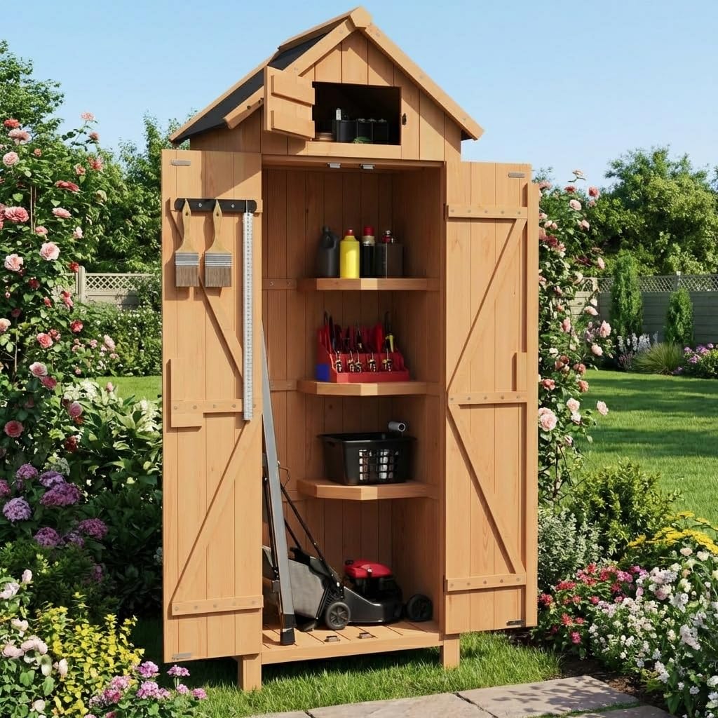 Outdoor Storage Cabinet, 70in Wooden Vertical Garden Tools Shed, Waterproof, Lockable Doors, 3 Adjustable Shelves, Multi-Wall Garden Organizer for Yard Deck Lawn Farmland Equipment