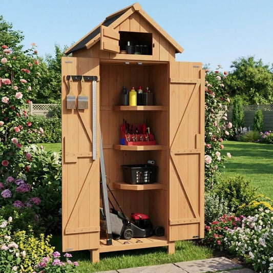 Outdoor Storage Cabinet, 70in Wooden Vertical Garden Tools Shed, Waterproof, Lockable Doors, 3 Adjustable Shelves, Multi-Wall Garden Organizer for Yard Deck Lawn Farmland Equipment