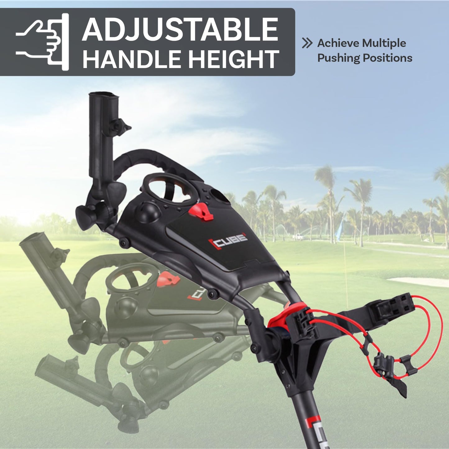 CUBE CART 3-Wheel Golf Push Cart – Ultra-Compact 14.5 lb Folding Golf Trolley, Two-Step Fold, Adjustable Handle, Foot Brake, Umbrella Holder & Built-in Storage - Charcoal/Red