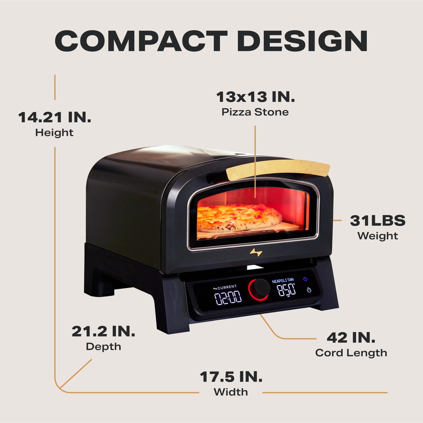 Current® Model P Electric Pizza Oven Indoor & Outdoor, 850°F Countertop Oven, No Turning Required, Perfect Pizza Every Time, Smart App Control, 12-Inch Pizza Stone Included, Slate