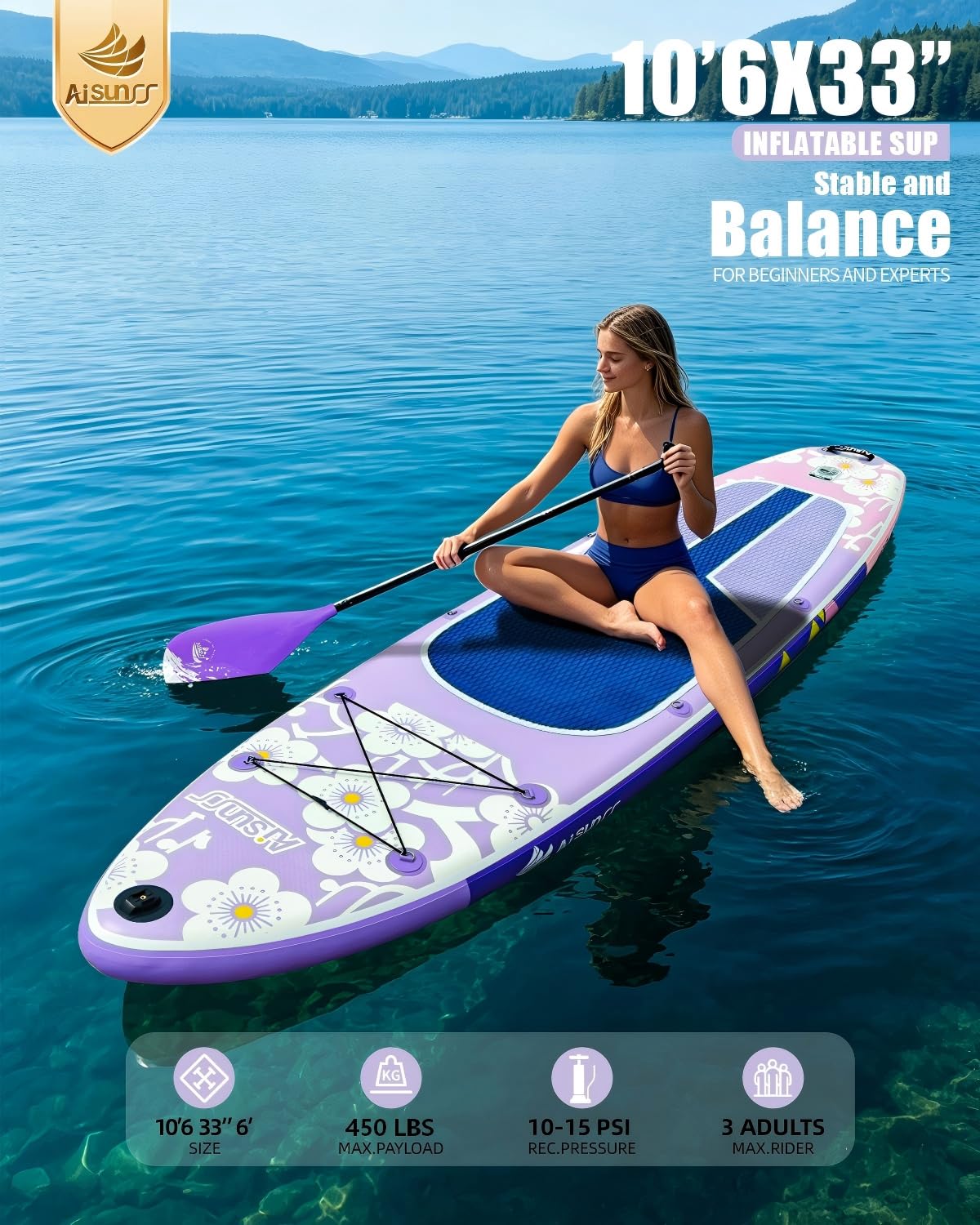AISUNSS Inflatable Paddle Board for Adult, Paddle Board for All Skill Levels, Wide SUP Board with Primium Accessories Include SUP Carry Bag, Hand Pump, 10L Waterproof Bag (Flowers Light Purple)