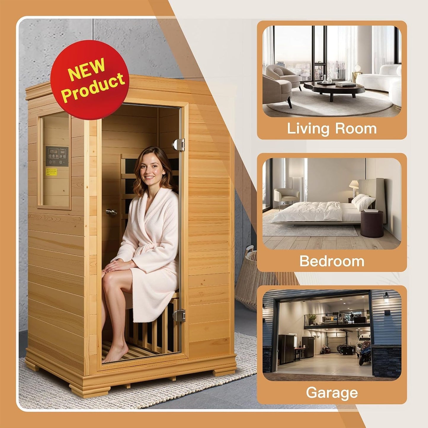 Royal Saunas Hongyuan 1 Person Infrared Sauna Room Indoor, 960W Home Sauna, Canadian Hemlock Wood, Low EMF Heating, BT Audio, LED Reading Light, Compact Spa 35"x27"x61"