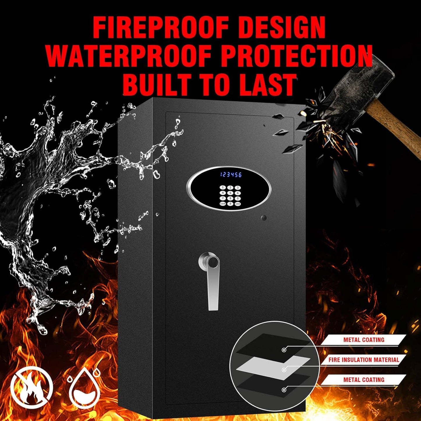 8.3 Cuft Heavy Duty Home Safe Box Fireproof Waterproof, Extra Large Fire Proof Safe for Home Documents Business Office Use, Anti-Theft Digital Safety Box with Light, Removable Shelf, Handle
