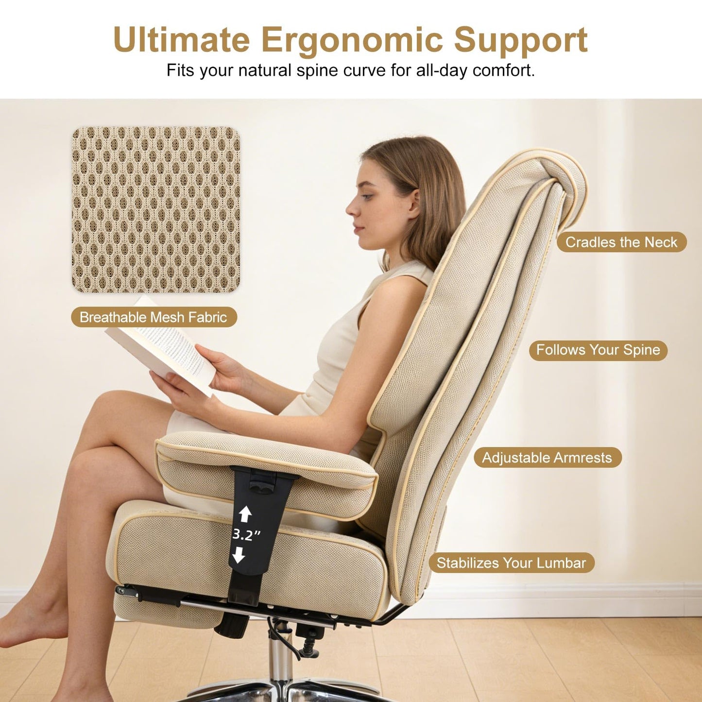 EXCEBET Big and Tall Office Chair 400lbs Wide Seat, Leather High Back Executive Office Chair with Lumbar Support, Ergonomic Chairs Padded Armrests & Thick Cushion (Mesh Beige)