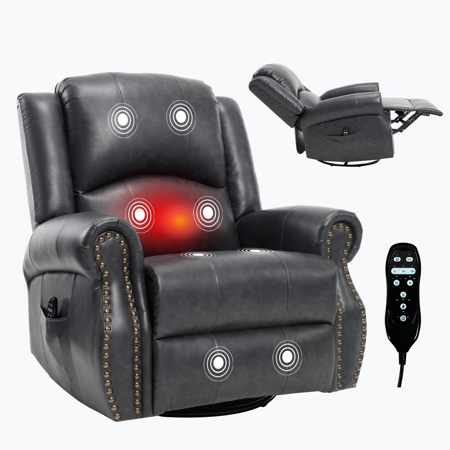 GDFStudio Heat Massage Swivel Rocker Recliner Chair, Manual Fabric Recliner with 360° Swivel, Rocking Function, Lumbar Heat and 8-Point Massage, Overstuffed Living Room Reclining Chair, Grey