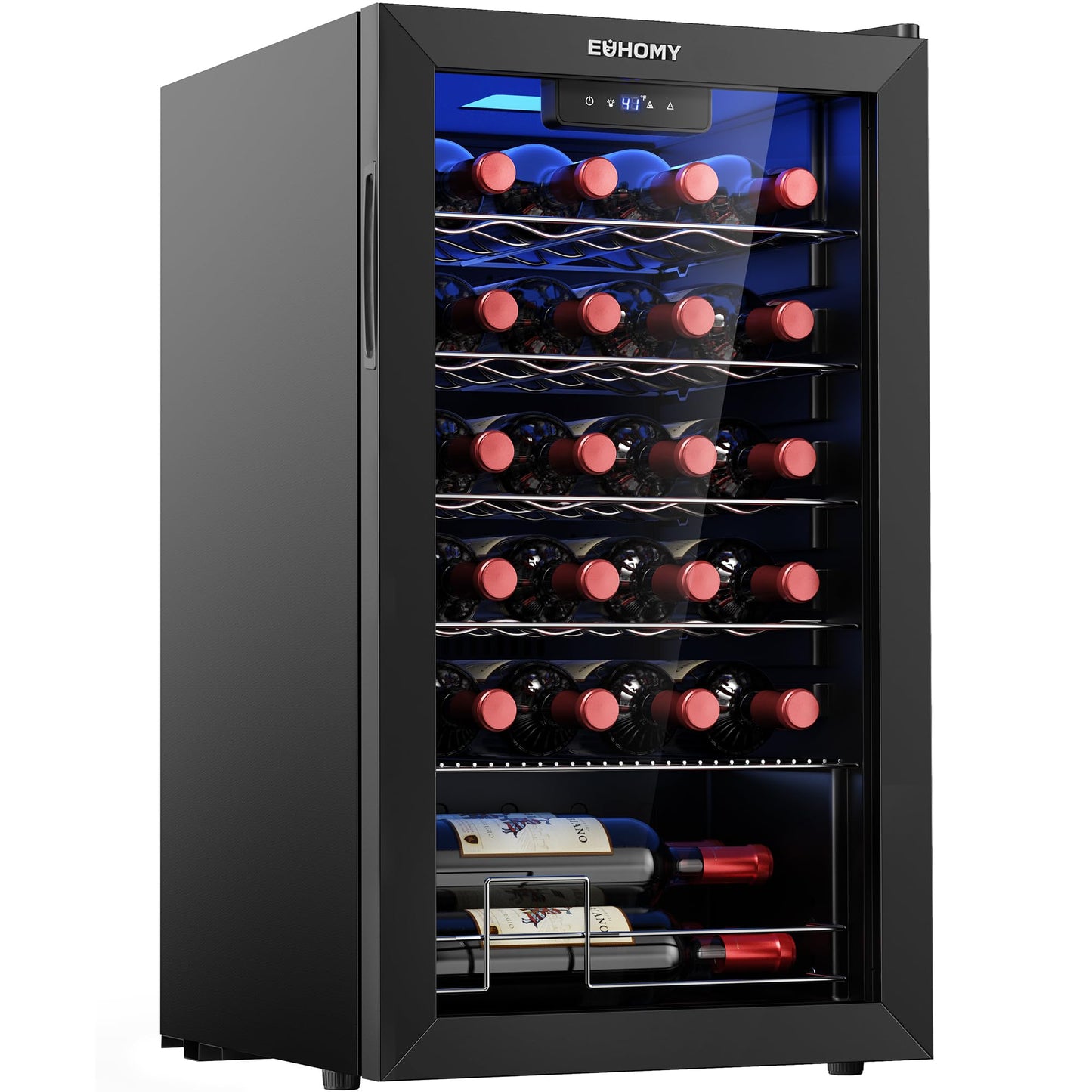 EUHOMY 25 bottle Wine Cooler Refrigerator, Freestanding Compressor Wine Fridge with Adjustable Temperature and Digital Control, Mini Fridge with Glass Door for Red White Wine, Beer, Black