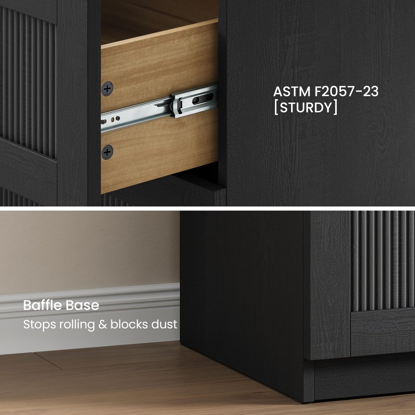 ModernMate 3 Drawer Dresser for Bedroom, Black Wood Grain Wide Nightstand and Chest of Drawers with Wave-Panel Front, 31" Tall Modular Storage Cabinet for Living Room