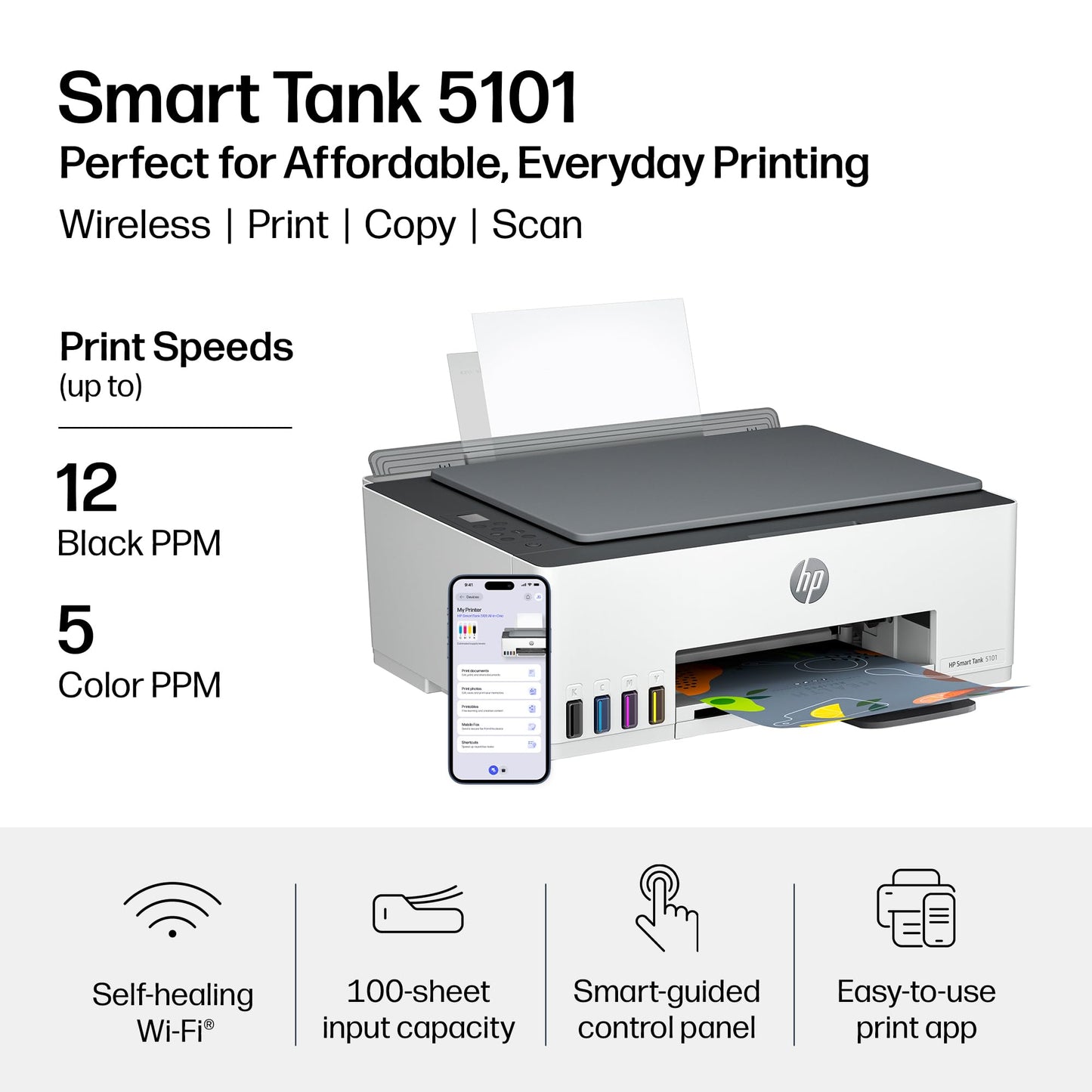HP Smart Tank 5101 Wireless All-in-One Refillable Printer, Scanner, Copier with 2 Years of Ink Included, Wireless (2.4ghz only) Printer-for-Home use (1F3Y0A)