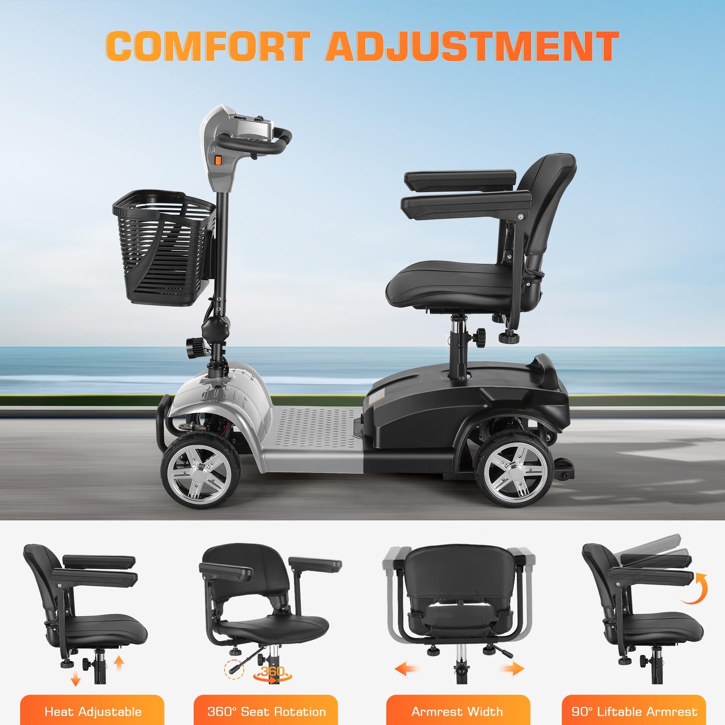Wooken 4-Wheel Mobility Scooter for Seniors, Adults, Elderly, Foldable Mobility Scooter, Powered Mobility Scooter Wheelchair Device, All Terrain Compact Heavy Duty Mobility for Travel