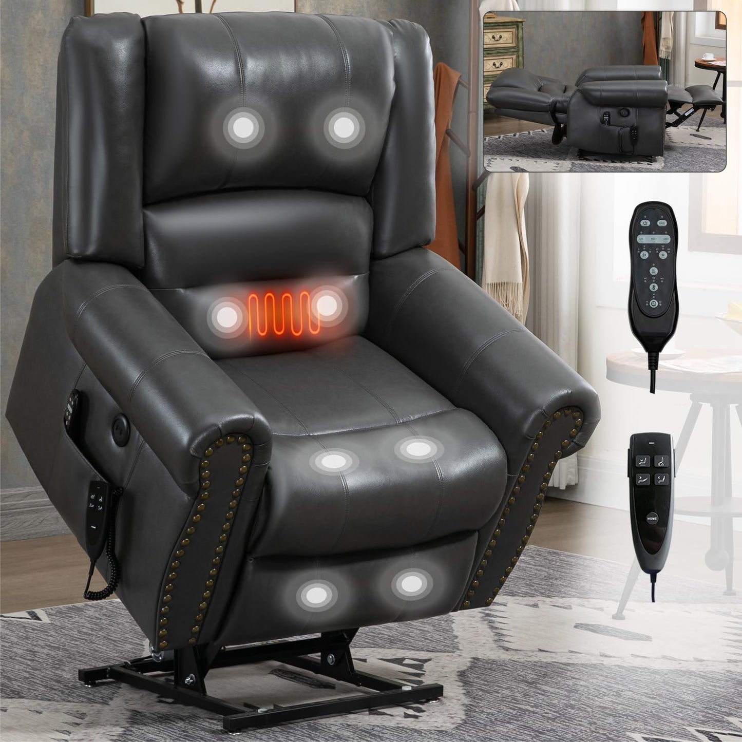 KEIKI Oversized Power Lift Recliner Rocking Chair for Adults, Faux Leather Mid Century Modern Accent Chair with Back Message & Heat USB Port, Adjustable Home Theater Seating for Living Room, Grey