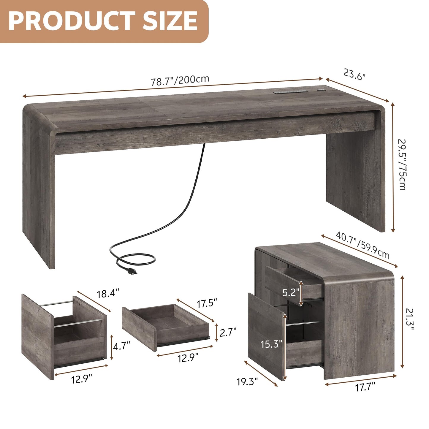 Homiflex Mid-Century Modern 78" L-Shaped Executive Desk with Independent Mobile File Cabinet, Large Home Office Desk with Drawers and 4 AC + 2 USB Power Outlets, Waterfall Edge Design, Grey Oak