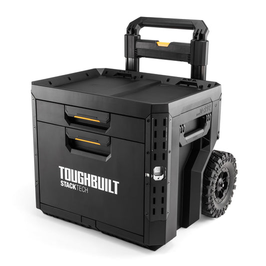 ToughBuilt StackTech 2 Drawer Rolling Locking Box, Heavy-Duty Portable Tool Chest, 240 lb Capacity - Stackable Toolbox Storage Organizer with Dividers, & Auto-Latching Drawer