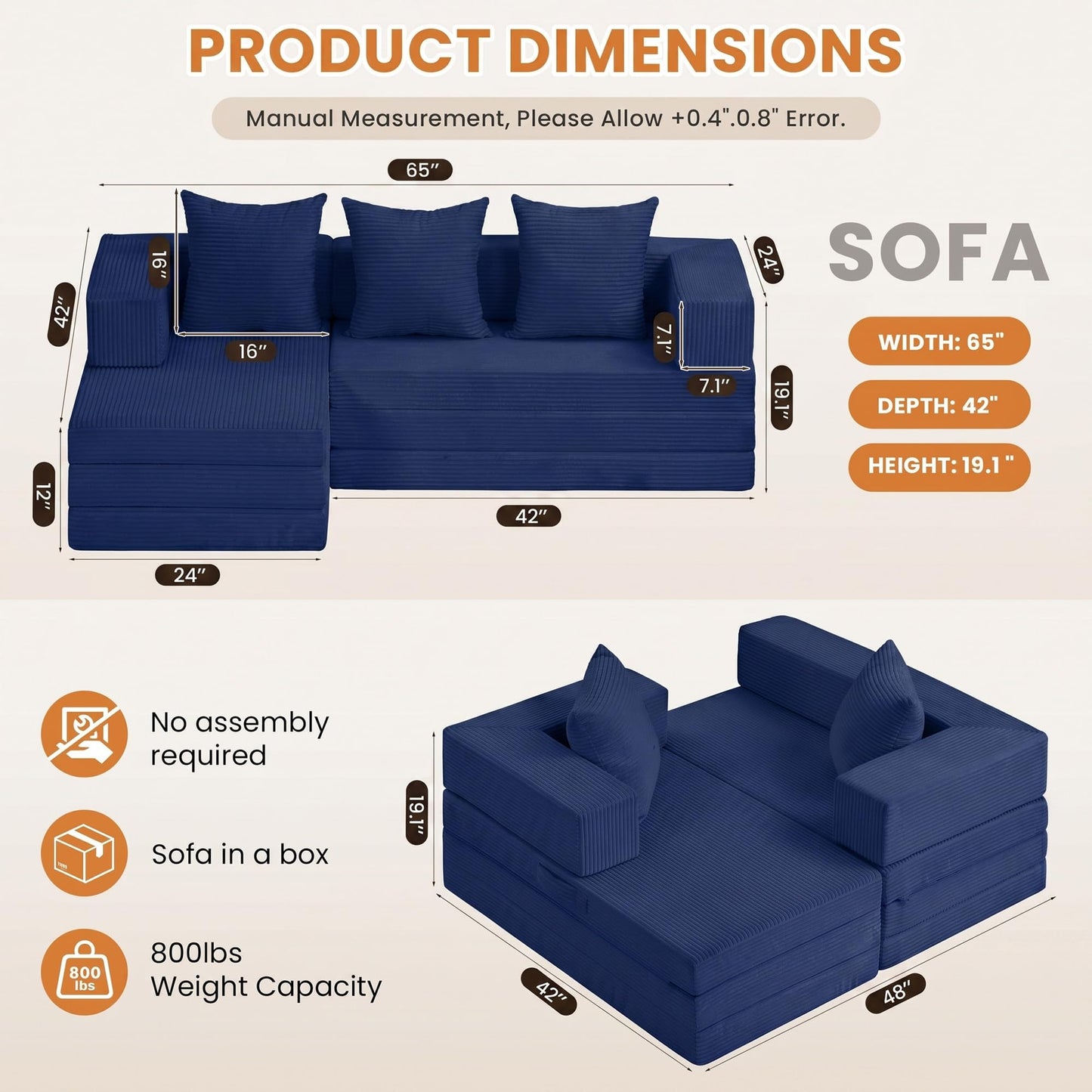 65" Modular Sectional Sofa, Boneless Convertible Sleeper Sofa Bed, Modern Tri-Folding Cloud Couch with L-Shape Chaise, Corduroy Futon Couches for Living Room Small Spaces Apartment,No Assembly,Blue