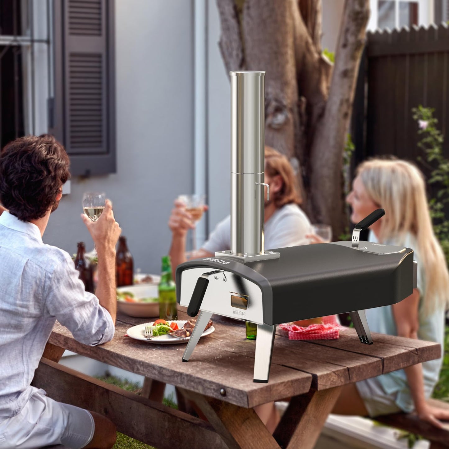 Mimiuo Outdoor Pizza Oven 12“ Wood Charcoal Fired Pizza Oven with Square Pizza Stone, Portable Pizza Stove for Outside Backyard Camping Picnics