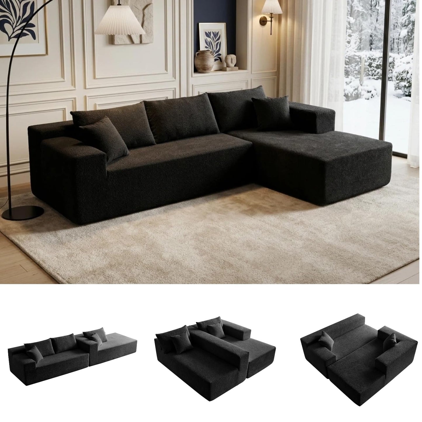 Trygoal 103” L Shaped Cloud Sectional Boneless Couches for Living Room, Modern Modular Sofa Couch with Chaise, Comfy Deep Seat Living Room Furniture Set, No Assembly, Black