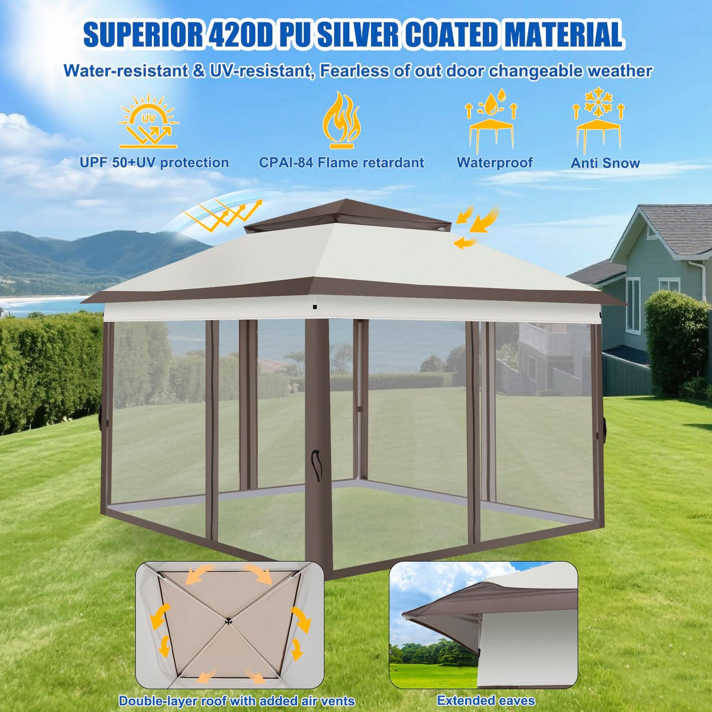 Yesker 10x10 Pop Up Canopy Tent w Mesh Netting Sidewall Vented Top - Heavy Duty Outdoor Canopy, Easy Setup Shelter Gazebo Waterproof 10x10 Popup Tnets for Patio Backyard Parties & Events, Khaki Brown