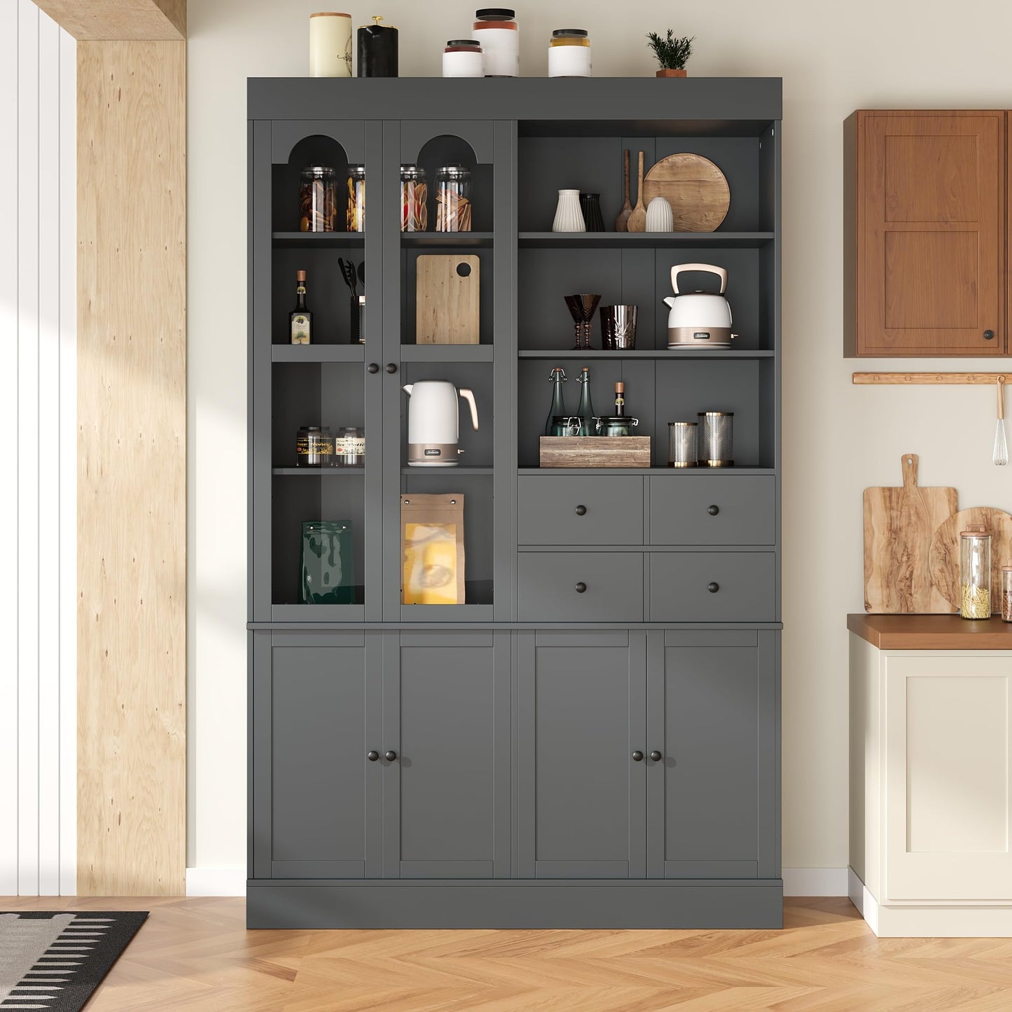 Merax Wood Kitchen Pantry with 4 Drawers, 3 Cabinets and Hutch, Tall Cupboard Dining Storage Cabinet with Door Shelves and Pull-Out Trays for Living Room, Kitchen, Dining Room Gray