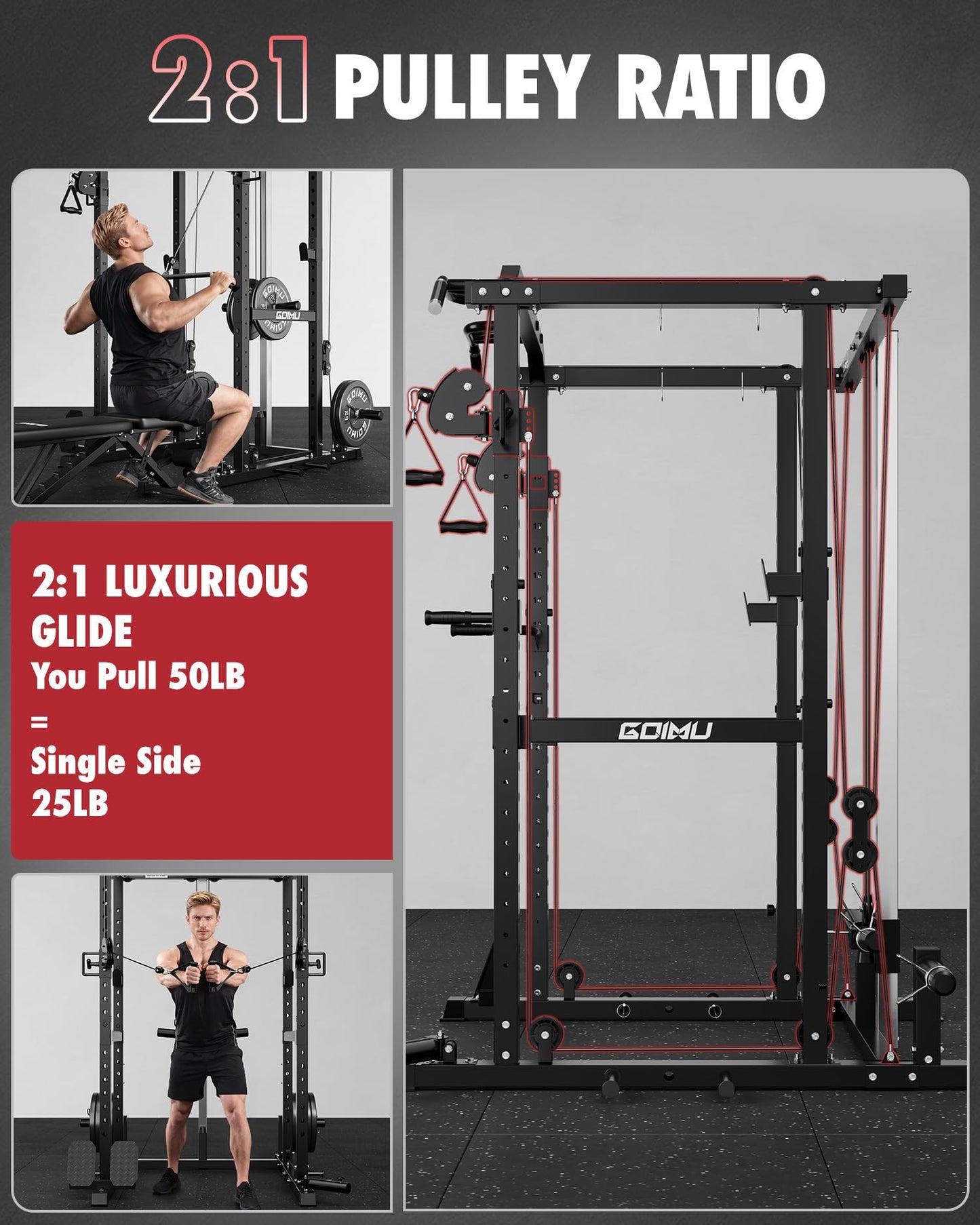 GOIMU RH01 Power Cage Rack, 2000LBS Squat Rack with with Cable Crossover System&LAT Pull Down System, Multi-Function Workout Cage for Home&Garage Gym (Black-SE, RH01 Power Cage)