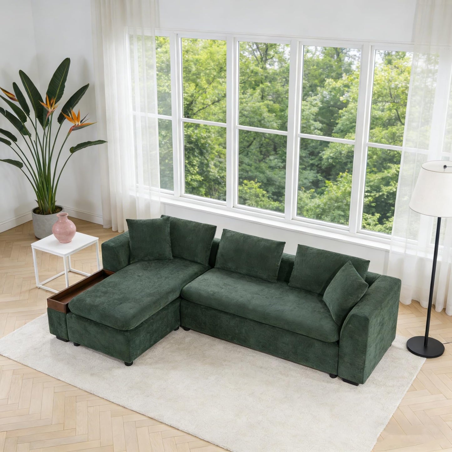 Trygoal 93.7" L-Shaped Sectional Sofa with Storage Chaise, Modern Couch for Living Room, Chenille Upholstered Couch with Deep Seats & Throw Pillows, Modern Corner Sofa for Living Room, Green