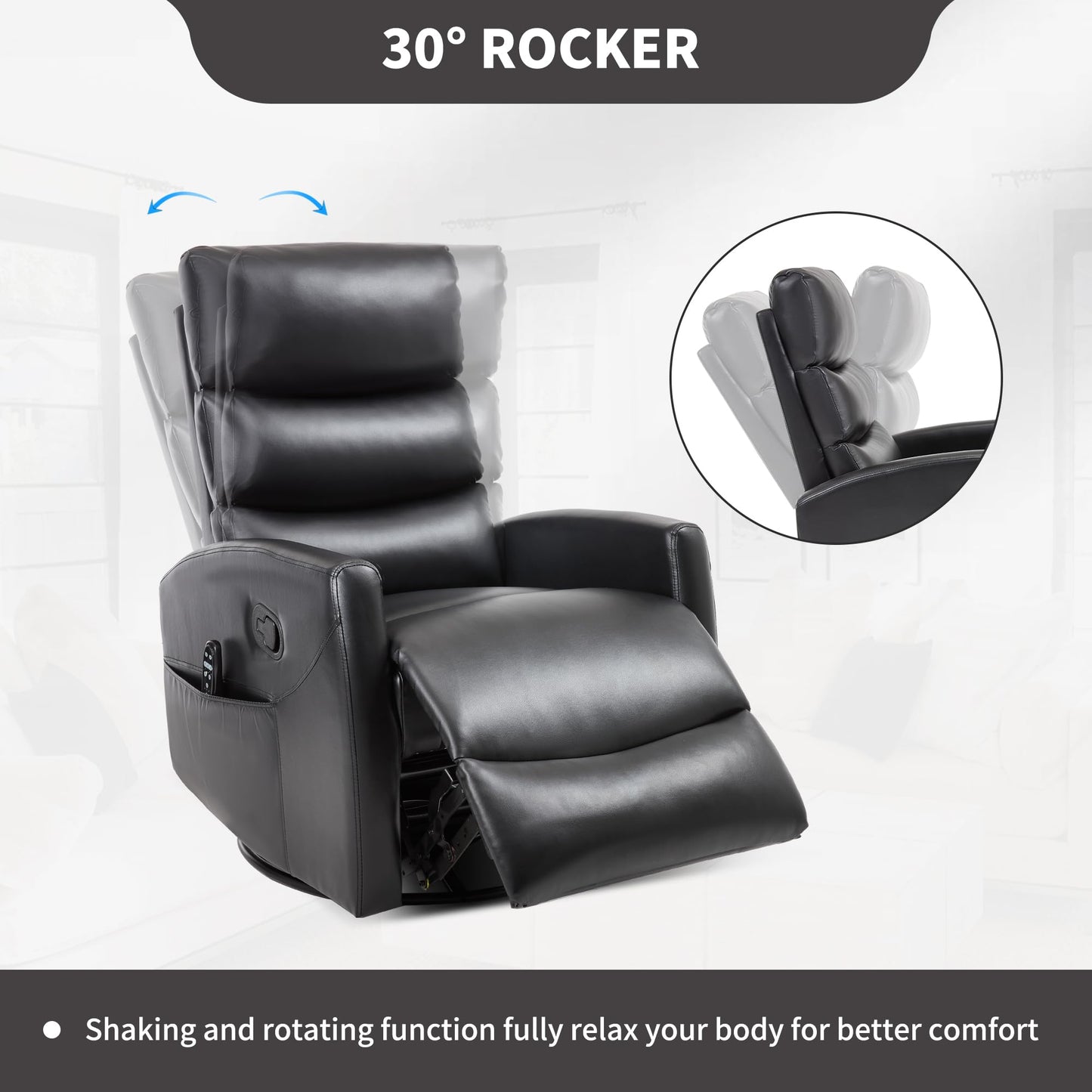 KEIKI 4-in-1 Manual Swivel Rocker Recliner Chair for Home Living Room, Faux Leather Chair with Back Massager & Heat, Home Theater Seating with Lumbar Support, Portable Chairs for Adults, Black