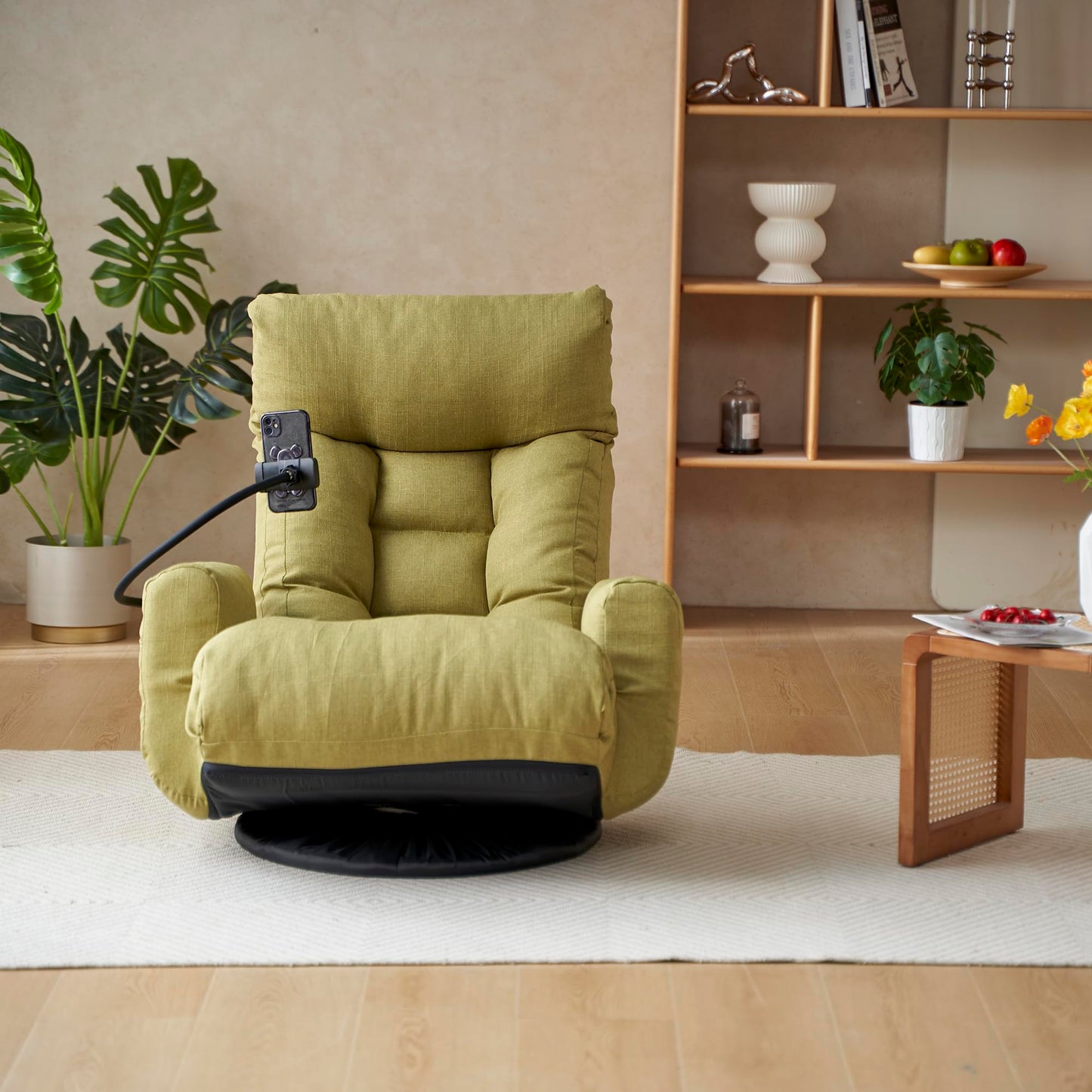 Noble House Home Furnishings Gwen Upholstered 360° Swivel Chair, Lounge Chair with Adjustable Backrest/Headrest, Metal Frame Living Room Lounge Sofa and Phone Holder, Comfy Bean Bag Chair, Green