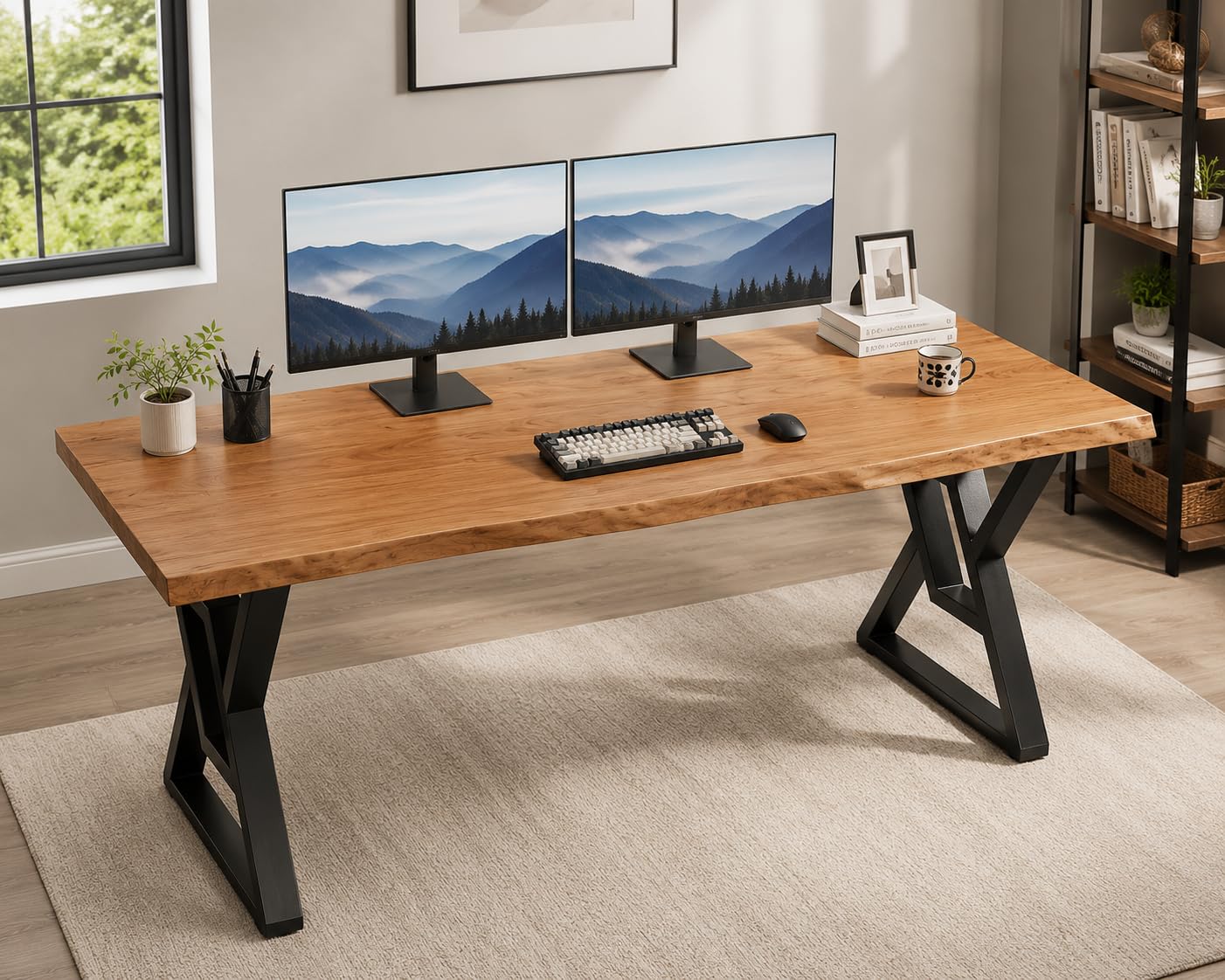 QZYJKJ 55 Inch Solid Wood Computer Desk, Rustic Brown Home Office Desk with Metal Frame, Large Writing Desk for Study, Gaming, Workstation & Dining Room, Modern Farmhouse Design