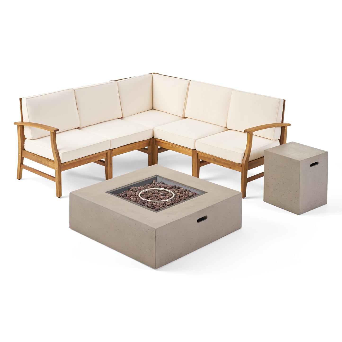 Christopher Knight Home Illona Outdoor 5 Seater V-Shaped Acacia Wood Sofa Set with Square Fire Table and Tank, 23.75 "W x 28 "D x 32.75 "H, Teak + Cream + Light Gray