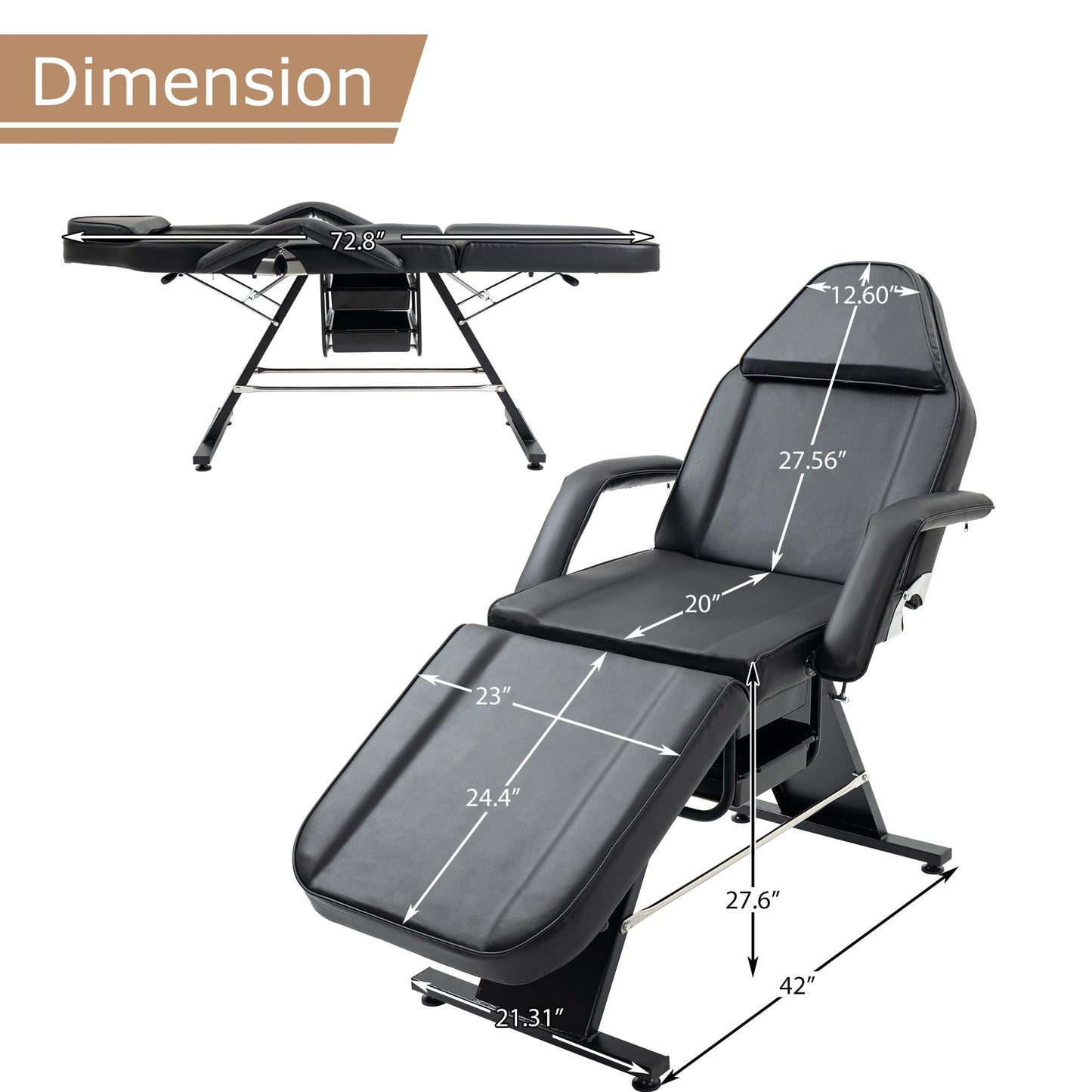 Brisca Massage Salon Tattoo Chair with Two Trays,Esthetician Bed W/Hydraulic Stool and Multi-Purpose 3-Section Facial Table,for Barber,Mani-pedis,Spa,Black