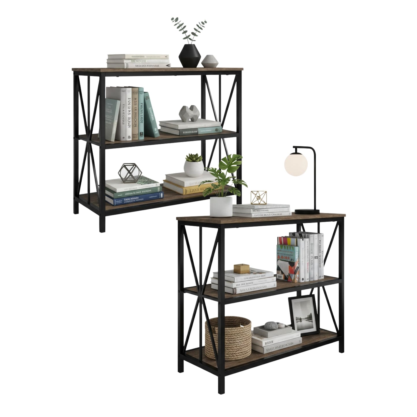 Lavish Home 3-Tier Industrial Bookshelf Set of 2 - Freestanding Open Bookcase for Home or Office Organization and Storage - Book Organizer (Brown Woodgrain)
