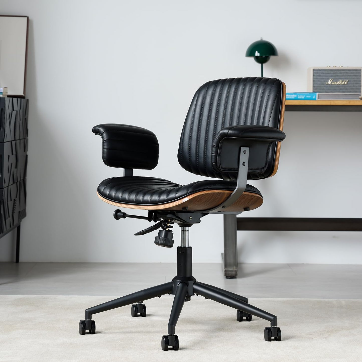 Leather Home Office Chair, Mid-Century Modern Executive Desk Chair with Padded Armrests, 360° Swivel Ergonomic Task Chair,Adjustable Height (PU Leather-Black)