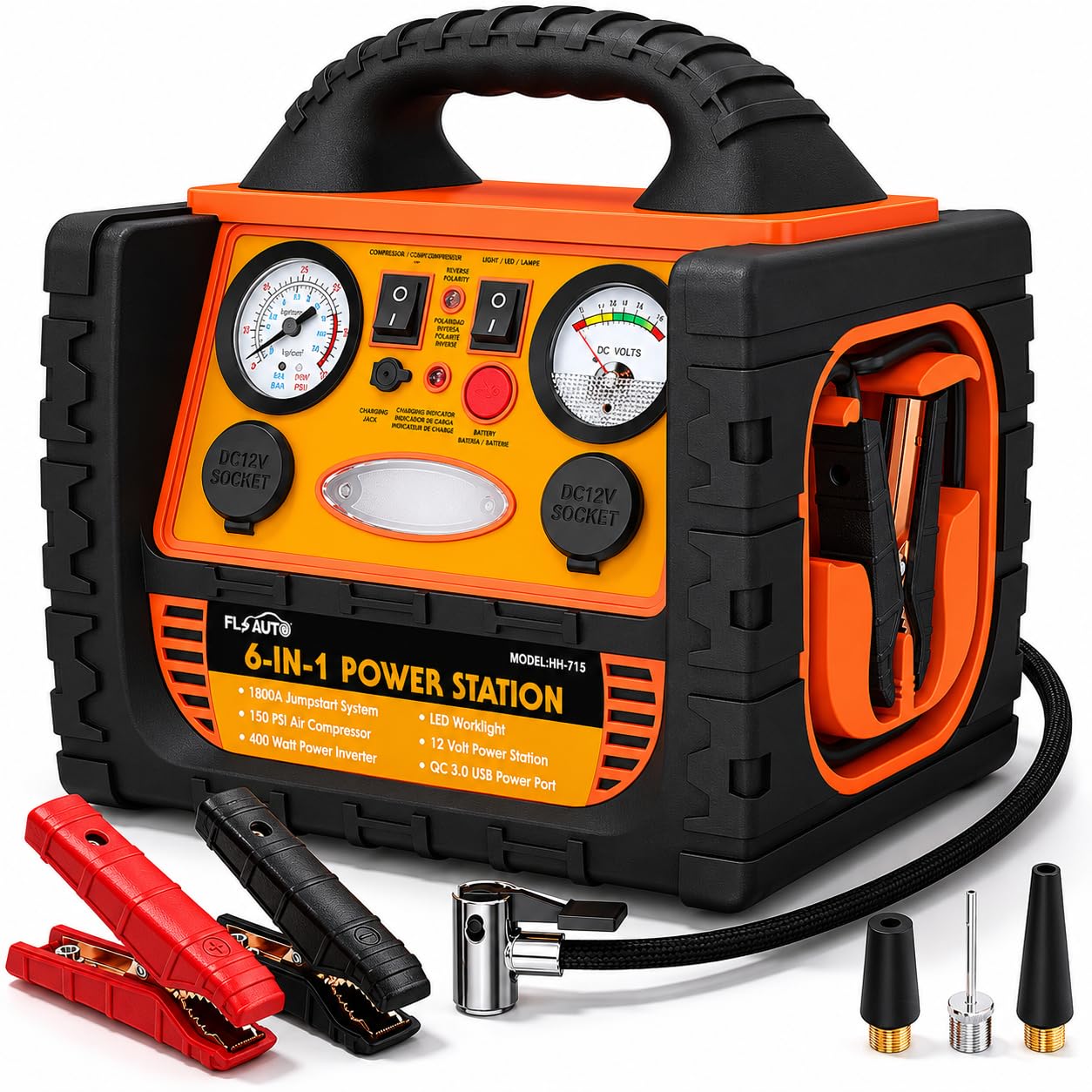 Portable Jump Starter with Air Compressor, FlyAuto 1800A Battery Booster for Cars, Trucks & SUVs, Up to 8.0L Gas & 6.0L Diesel, 150PSI Tire Inflator, Emergency Power Pack with AC/DC/USB