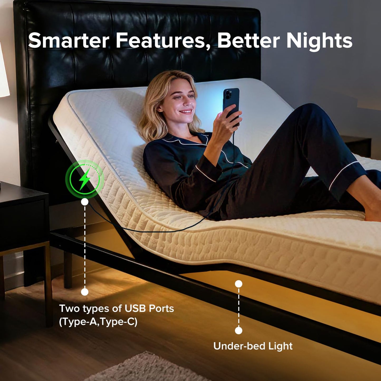 KEIKI Queen Adjustable Bed Frame with Massage Head & Foot Incline, Wireless Remote, USB Ports & LED Night Light – Sturdy, Easy Assembly – Compatible with Adjustable Base – Black