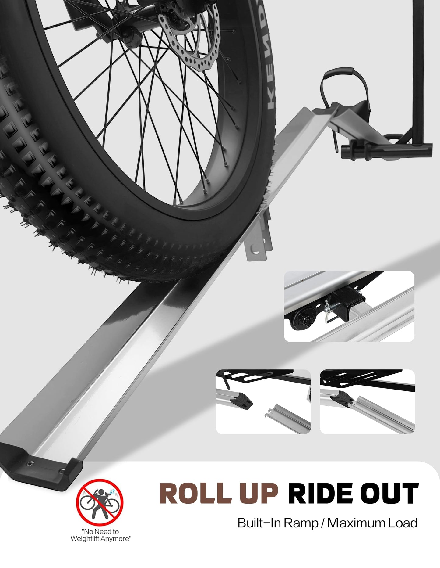 RokRack S One 1-Ebike Rack with Ramp, 100 lbs Capacity, Single Hitch Mount Electric Bike Rack, Fits up to 5" Fat Tire Width and 50" Wheelbase, Ebike Carrier Rack for 2" Receiver for Cars SUVs Vans RVs