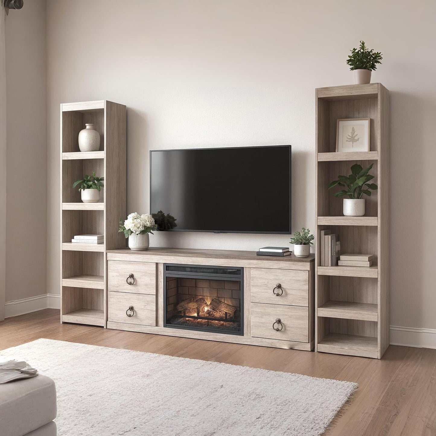Signature Design by Ashley Willowton Entertainment Center with Electric Fireplace, Whitewash Finish, Storage TV Console with Piers, 94.25" W, Coastal Cottage Living Room