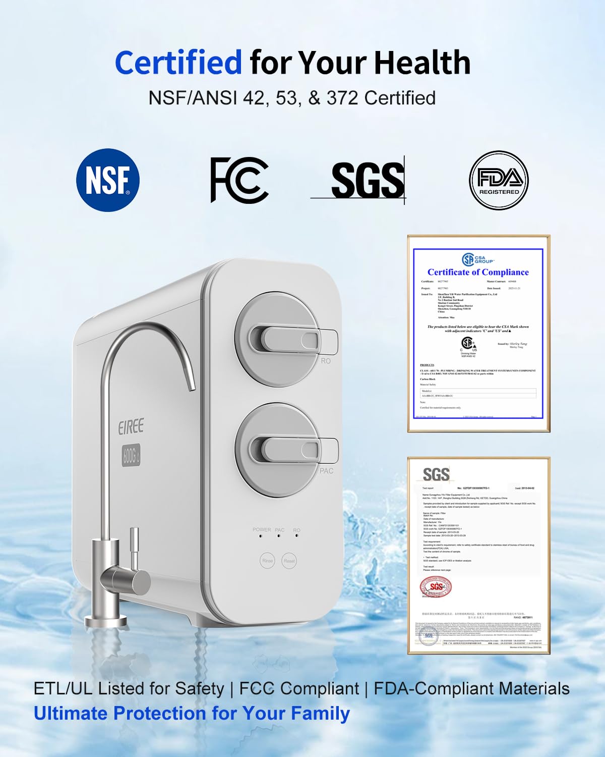 Eiree C6 Tankless Reverse Osmosis System, NSF/ANSI 42 & 372 Certified, 600GPD Under Sink RO Water Filter with 2:1 Pure to Drain Ratio, Reduces TDS & Odor for Clean Drinking Water